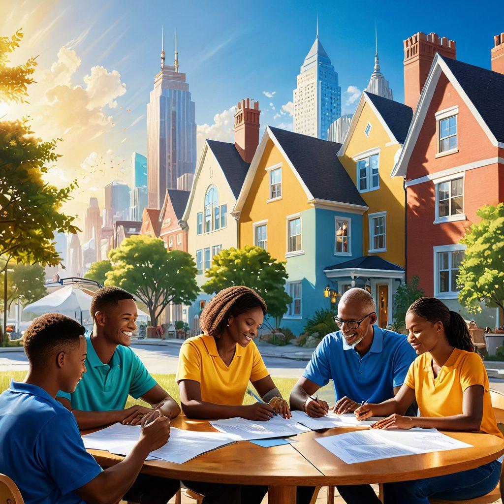A serene scene depicting a diverse group of people joyfully reviewing insurance documents, surrounded by symbolic icons like a shield, house, and medical cross. The backdrop features a vibrant city skyline under a clear blue sky, illustrating security and peace of mind. Soft rays of sunlight filter through, conveying warmth and optimism. Bright colors to enhance the inviting atmosphere. super-realistic. vibrant colors.