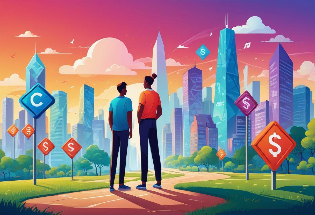 An illustration of a person standing at a crossroads with multiple signs labeled 'Health', 'Auto', 'Home', and 'Life' insurance, emphasizing the choices in selecting insurance plans. Surround the character with floating icons representing money, shields, and safety to symbolize financial protection. The background features a bright and hopeful skyline, suggesting opportunity and security. vibrant colors. flat design. vector art.