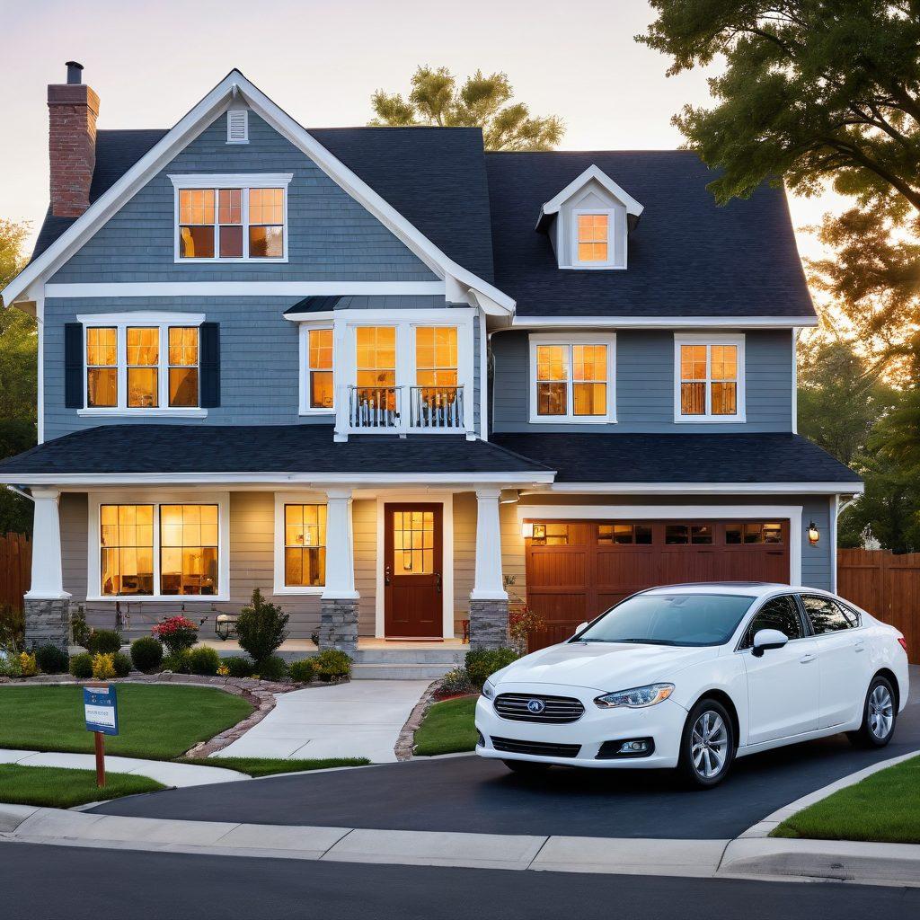 A visual representation of diverse insurance policies laid out against a backdrop of a family, a home, and various lifestyle elements (like cars and health symbols), depicting safety and security. The image should incorporate warm, inviting colors and include thought bubbles with tips like 'Assess your needs' and 'Compare options'. super-realistic. vibrant colors. white background.